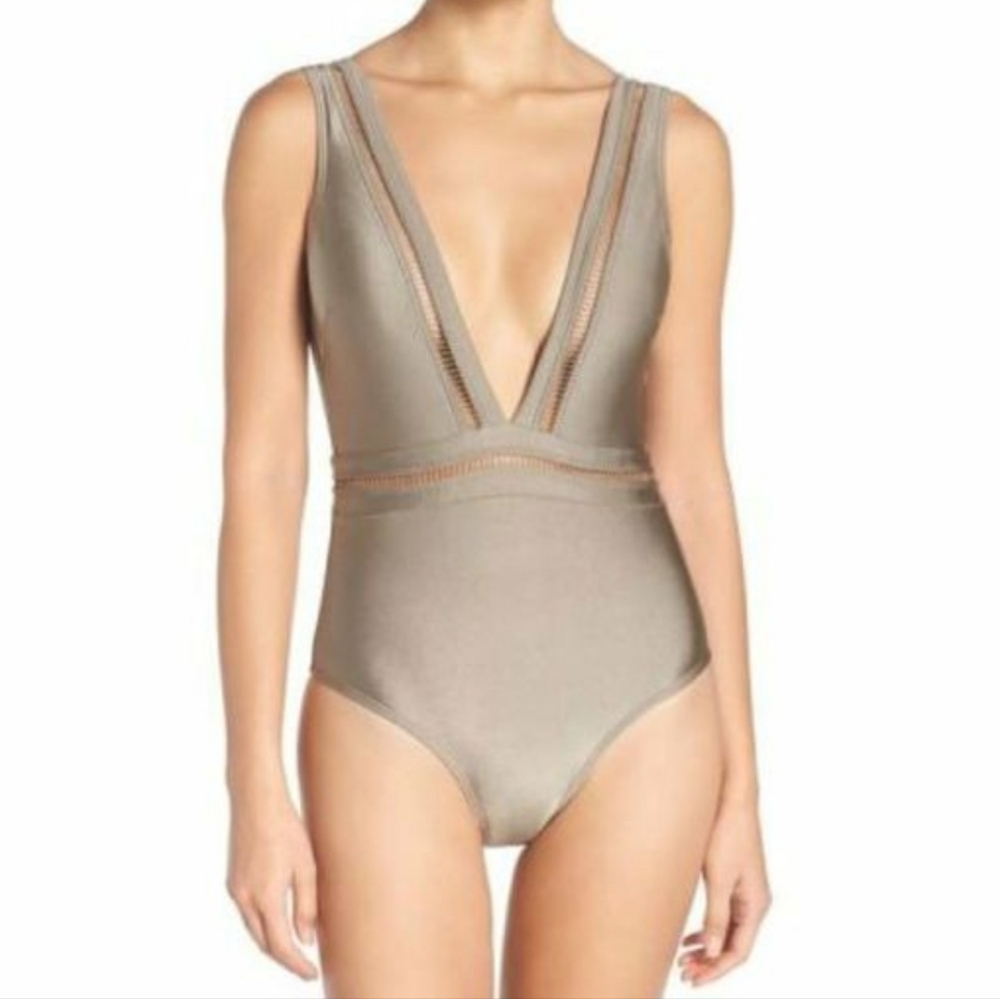 NWT Ted Baker Pointelle Deep V Plunge One Piece Swimsuit Khaki Green 8